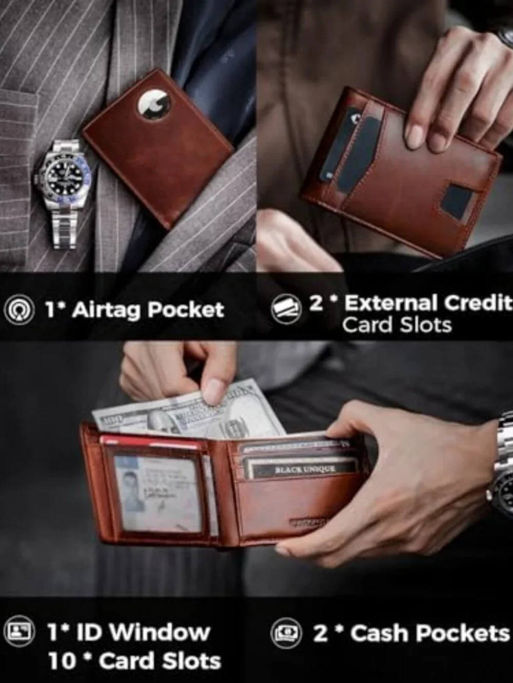 Minimalist Bifold Leather Wallet with AirTag Holder, RFID Blocking, 12 Card
